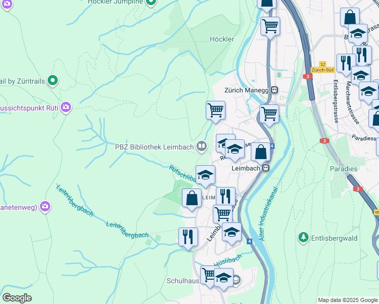 map of restaurants, bars, coffee shops, grocery stores, and more near in Zürich