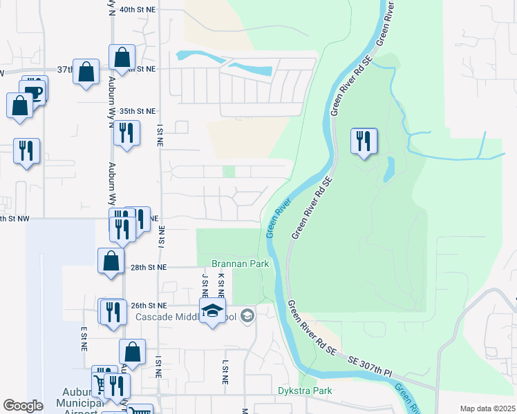 map of restaurants, bars, coffee shops, grocery stores, and more near 3024 M Drive Northeast in Auburn