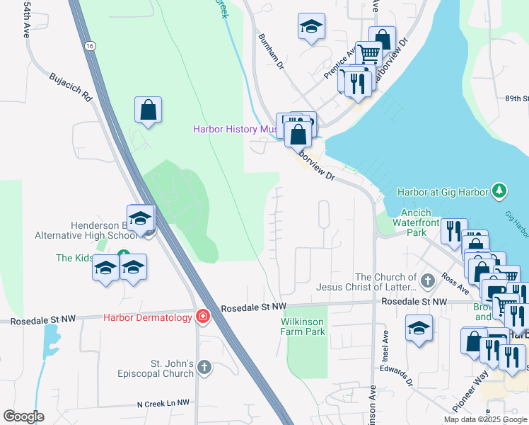 map of restaurants, bars, coffee shops, grocery stores, and more near Cushman Powerline Trail in Gig Harbor