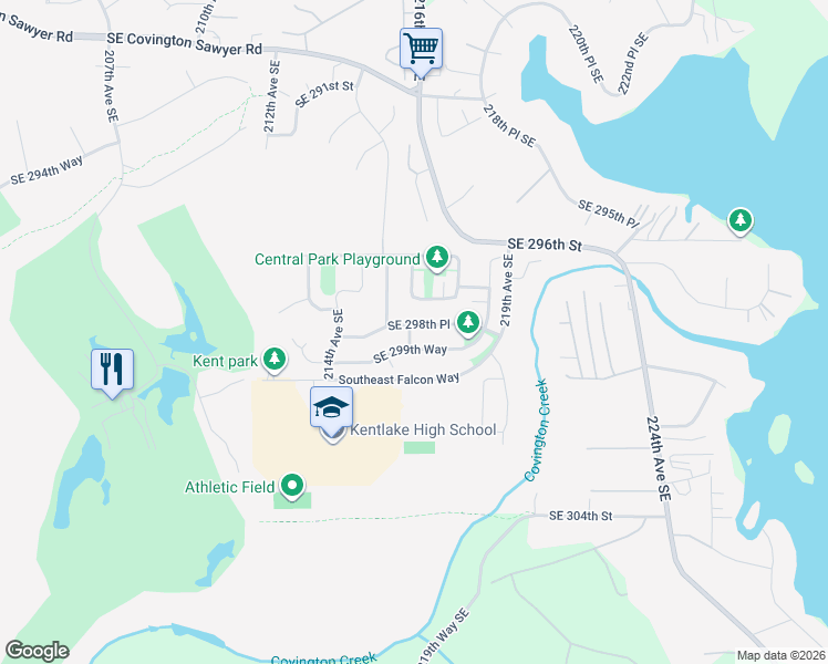 map of restaurants, bars, coffee shops, grocery stores, and more near 21603 Southeast 298th Place in Kent