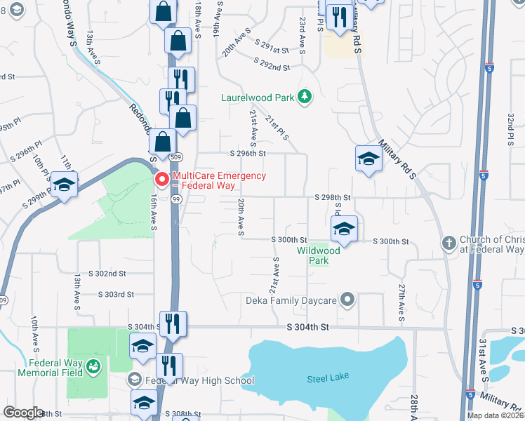map of restaurants, bars, coffee shops, grocery stores, and more near 2026 South 299th Street in Federal Way