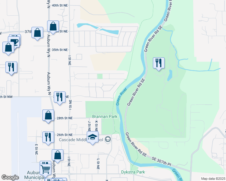 map of restaurants, bars, coffee shops, grocery stores, and more near 3024 M Drive Northeast in Auburn