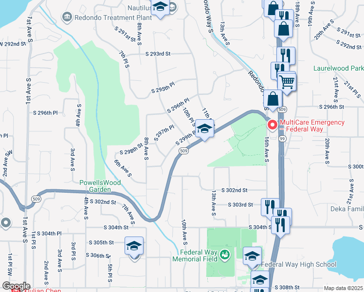 map of restaurants, bars, coffee shops, grocery stores, and more near 941 South Dash Point Road in Federal Way