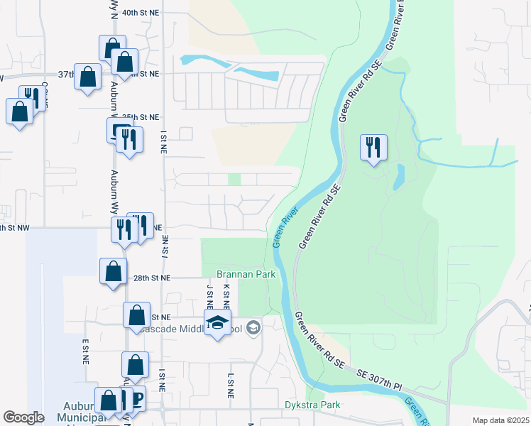 map of restaurants, bars, coffee shops, grocery stores, and more near 3024 M Drive Northeast in Auburn