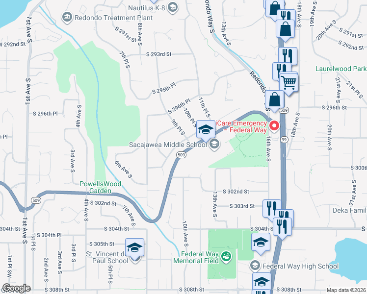 map of restaurants, bars, coffee shops, grocery stores, and more near 941 South Dash Point Road in Federal Way