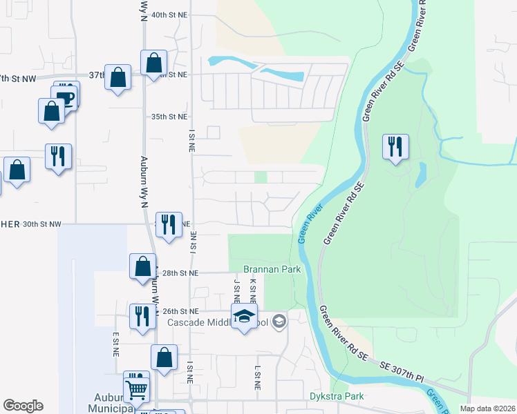 map of restaurants, bars, coffee shops, grocery stores, and more near 3004 L Street Northeast in Auburn
