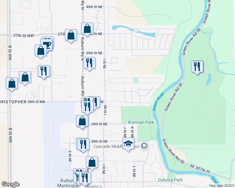 map of restaurants, bars, coffee shops, grocery stores, and more near 921 30th Street Northeast in Auburn