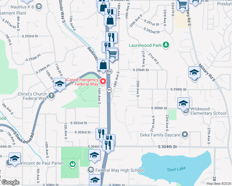map of restaurants, bars, coffee shops, grocery stores, and more near 29854 18th Avenue South in Federal Way
