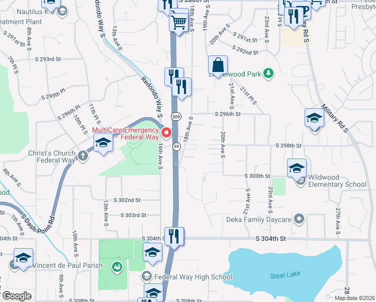 map of restaurants, bars, coffee shops, grocery stores, and more near 29854 18th Avenue South in Federal Way