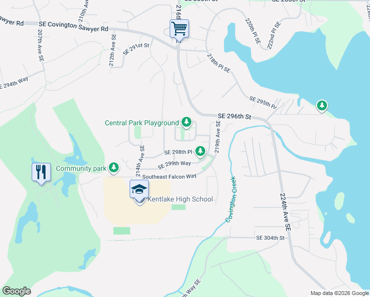 map of restaurants, bars, coffee shops, grocery stores, and more near 21634 Southeast 297th Street in Kent