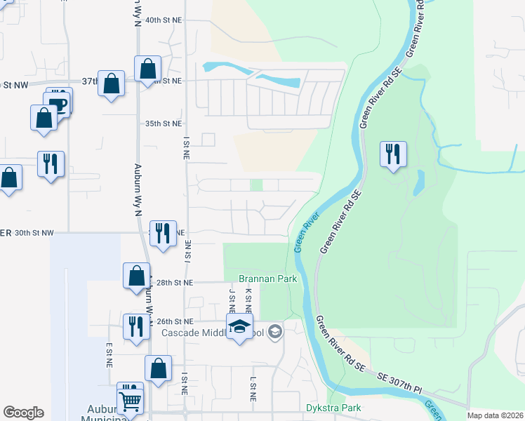 map of restaurants, bars, coffee shops, grocery stores, and more near 1324 32nd Street Northeast in Auburn