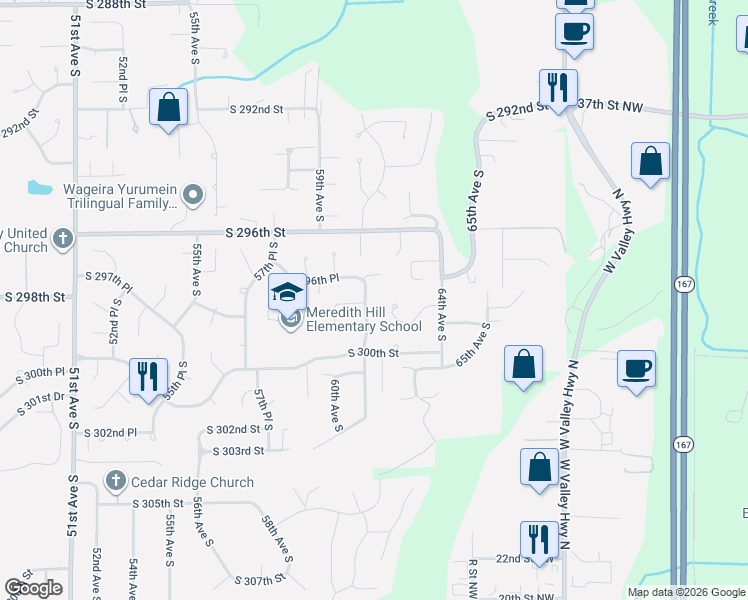map of restaurants, bars, coffee shops, grocery stores, and more near 6123 South 296th Court in Auburn