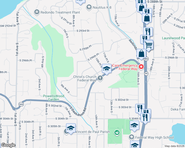 map of restaurants, bars, coffee shops, grocery stores, and more near 845 South 297th Place in Federal Way