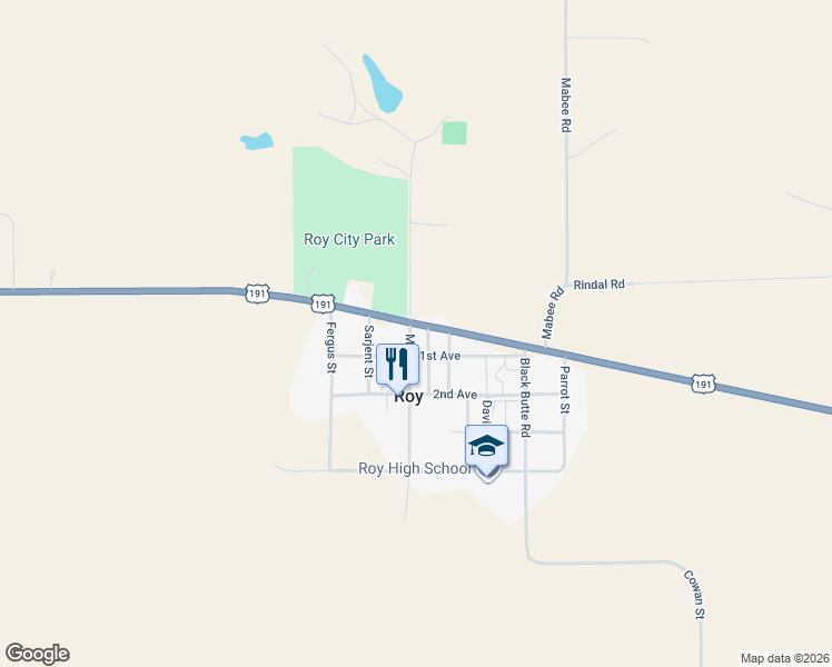 map of restaurants, bars, coffee shops, grocery stores, and more near 101 Main Street in Roy