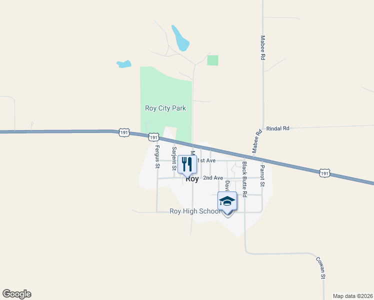 map of restaurants, bars, coffee shops, grocery stores, and more near 101 Main Street in Roy