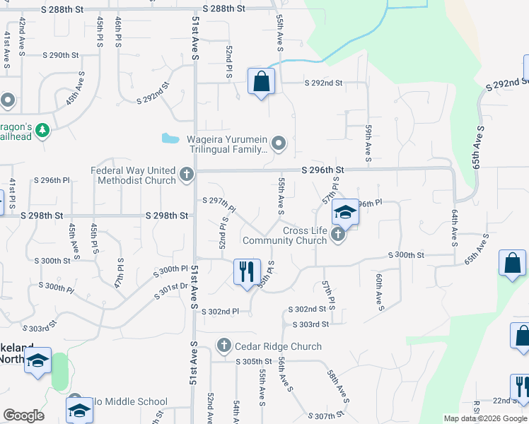 map of restaurants, bars, coffee shops, grocery stores, and more near 29708 53rd Place South in Auburn