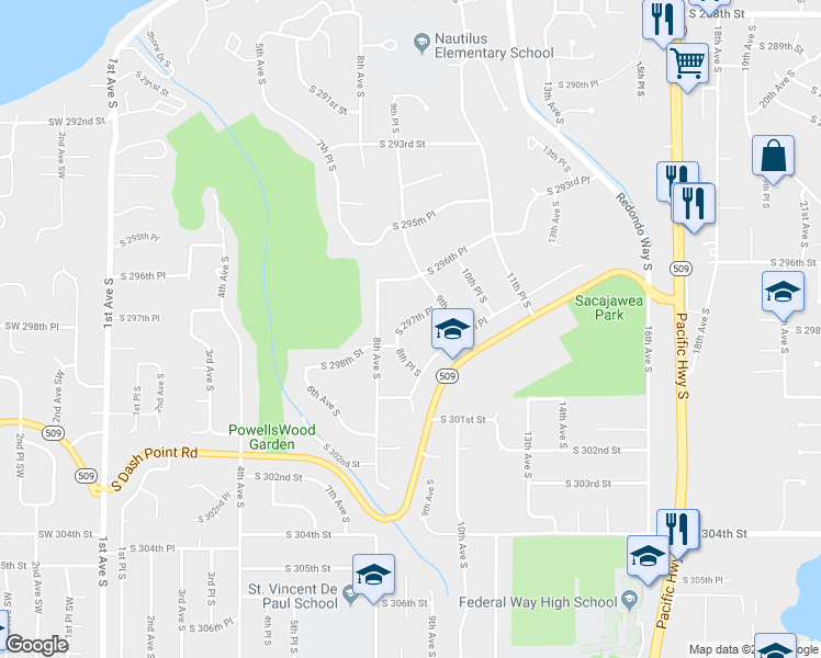 map of restaurants, bars, coffee shops, grocery stores, and more near 817 South 297th Place in Federal Way