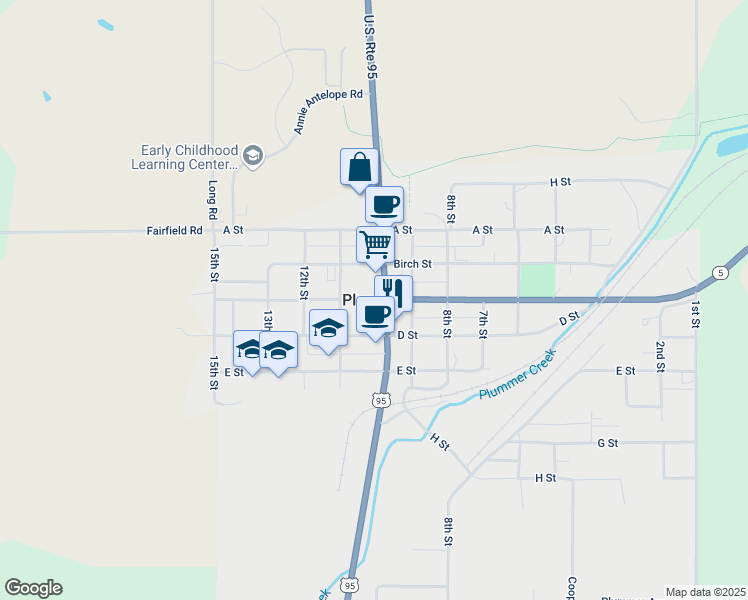 map of restaurants, bars, coffee shops, grocery stores, and more near in Plummer