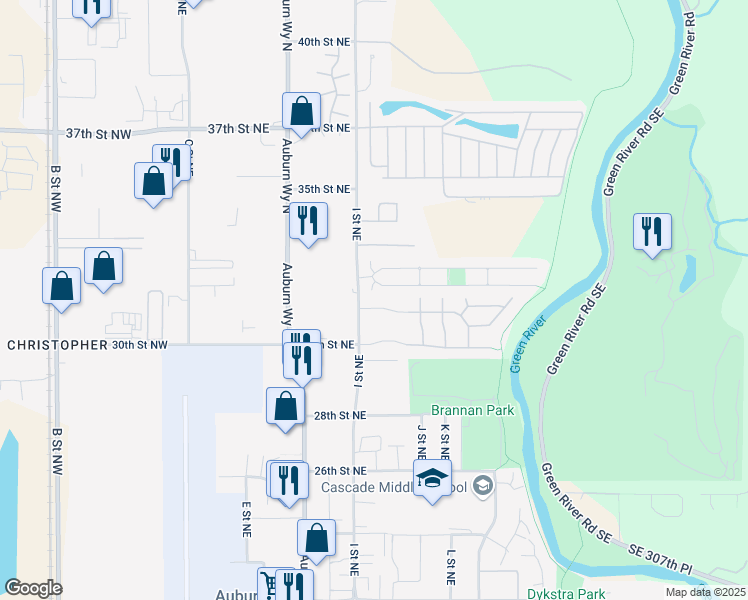 map of restaurants, bars, coffee shops, grocery stores, and more near 1152 32nd Street Northeast in Auburn