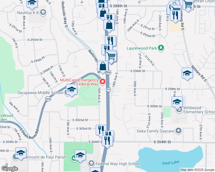 map of restaurants, bars, coffee shops, grocery stores, and more near 29645 18th Avenue South in Federal Way