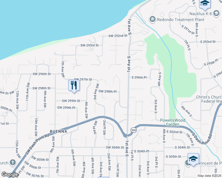 map of restaurants, bars, coffee shops, grocery stores, and more near 230 Southwest 298th Place in Federal Way