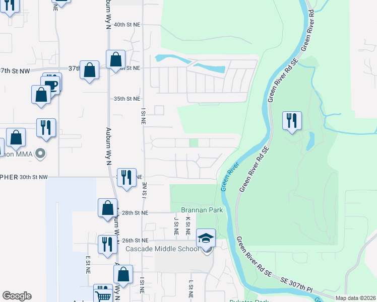 map of restaurants, bars, coffee shops, grocery stores, and more near 1218 32nd Street Northeast in Auburn