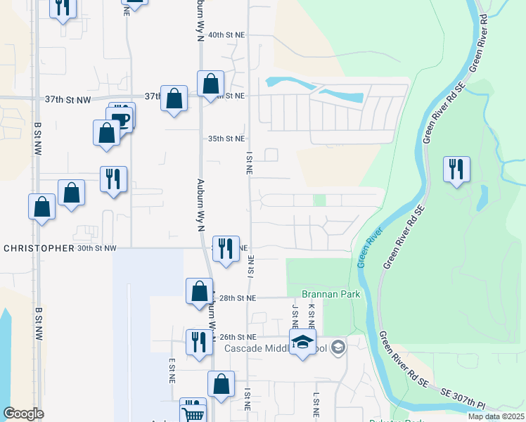 map of restaurants, bars, coffee shops, grocery stores, and more near 1152 32nd Street Northeast in Auburn