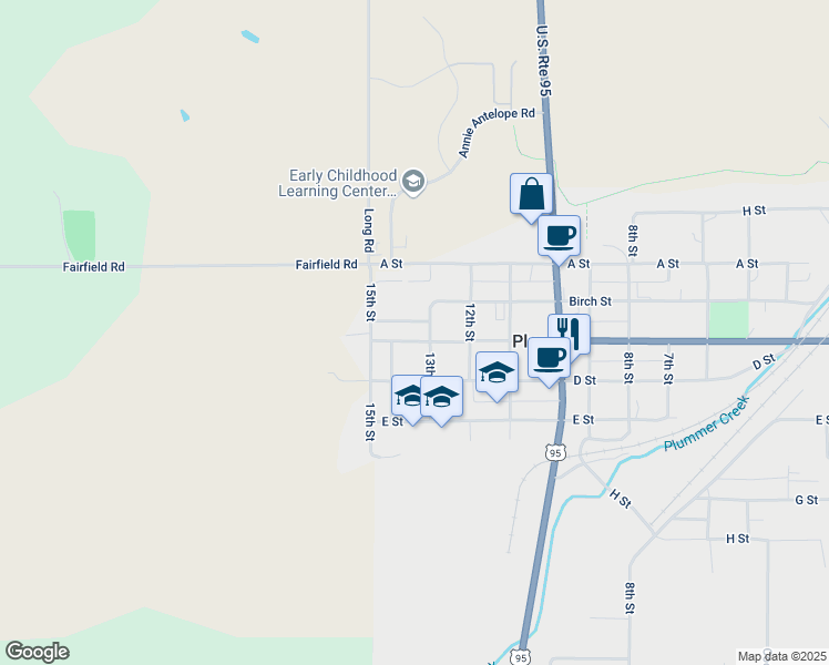 map of restaurants, bars, coffee shops, grocery stores, and more near 1338 C Street in Plummer