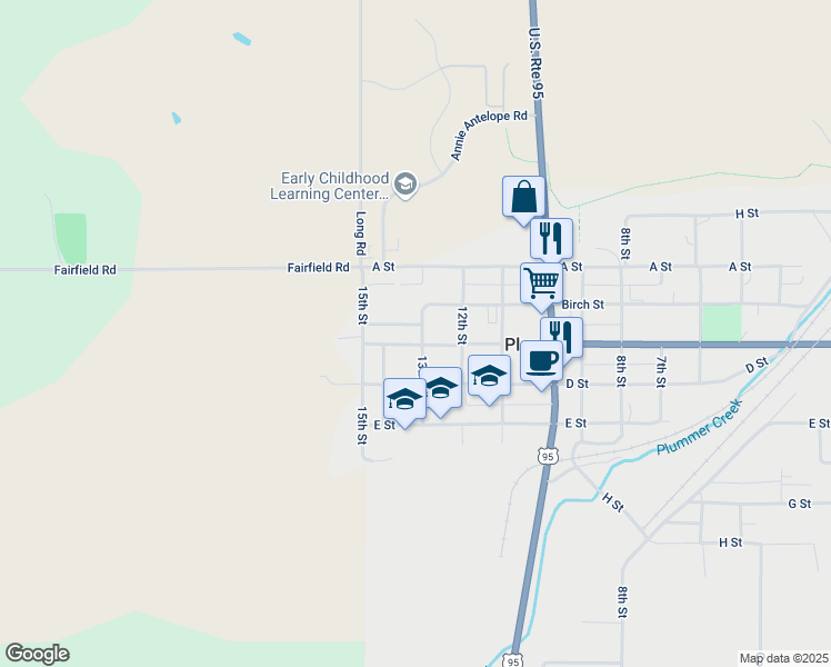 map of restaurants, bars, coffee shops, grocery stores, and more near 1338 C Street in Plummer
