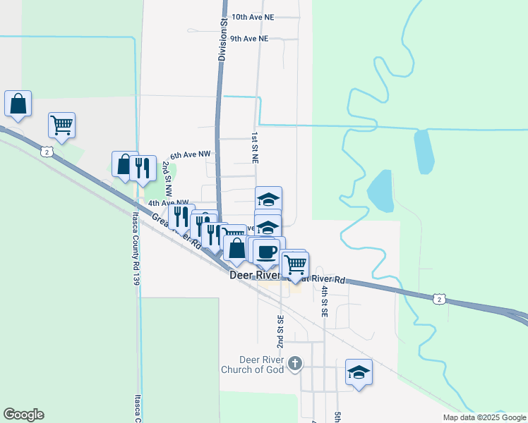 map of restaurants, bars, coffee shops, grocery stores, and more near 208 1st Street Northeast in Deer River