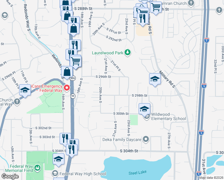 map of restaurants, bars, coffee shops, grocery stores, and more near 29638 21st Avenue South in Federal Way