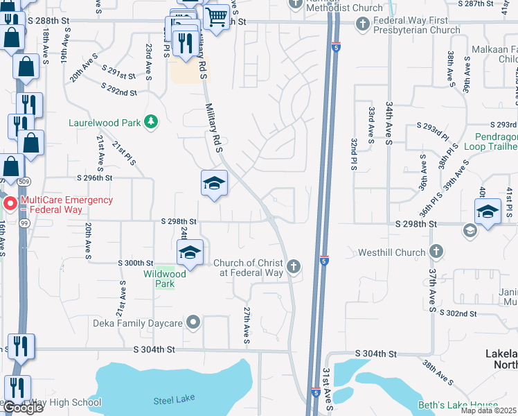 map of restaurants, bars, coffee shops, grocery stores, and more near 2660 South 298th Street in Federal Way