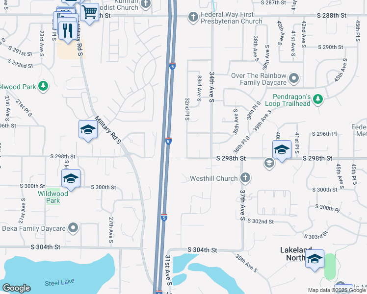 map of restaurants, bars, coffee shops, grocery stores, and more near 29707 32nd Pl S in Auburn