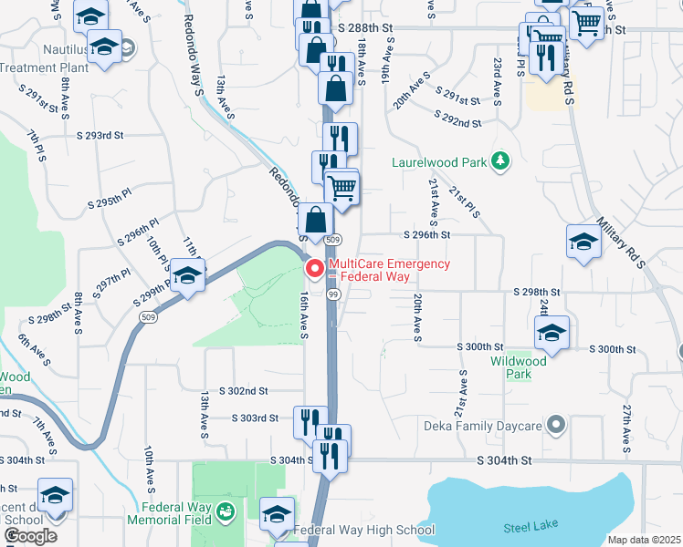 map of restaurants, bars, coffee shops, grocery stores, and more near 29645 18th Avenue South in Federal Way