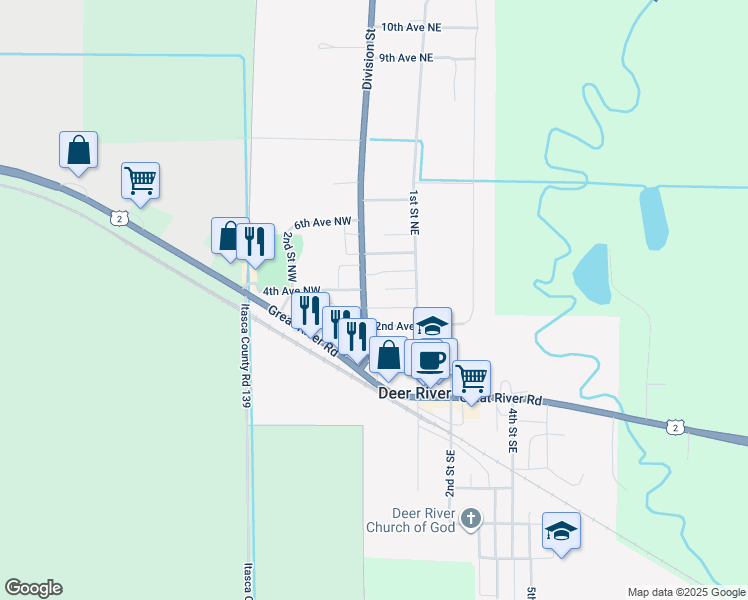 map of restaurants, bars, coffee shops, grocery stores, and more near 304 Division Street in Deer River