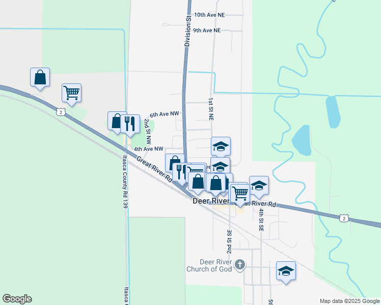map of restaurants, bars, coffee shops, grocery stores, and more near 304 Division Street in Deer River