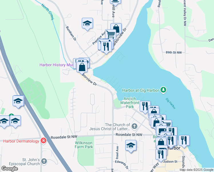 map of restaurants, bars, coffee shops, grocery stores, and more near 8815 Harborview Drive in Gig Harbor