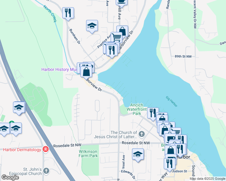 map of restaurants, bars, coffee shops, grocery stores, and more near 3889 Harborview Drive in Gig Harbor
