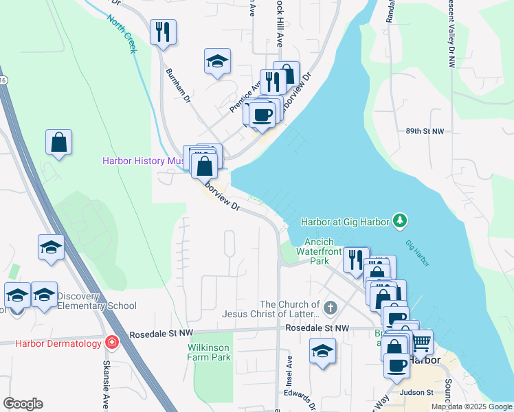 map of restaurants, bars, coffee shops, grocery stores, and more near 8815 Harborview Drive in Gig Harbor