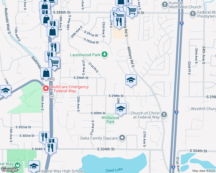 map of restaurants, bars, coffee shops, grocery stores, and more near 29628 22nd Avenue South in Federal Way