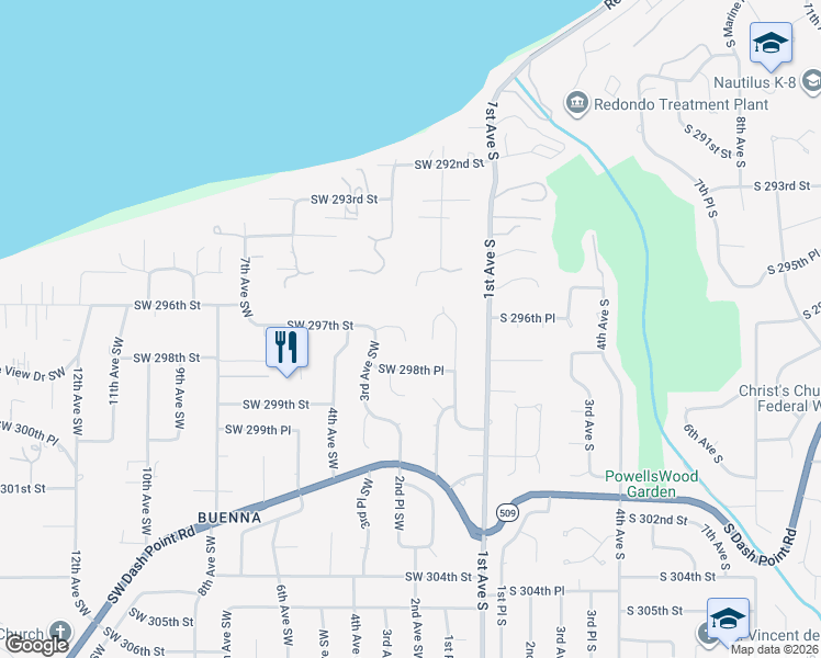 map of restaurants, bars, coffee shops, grocery stores, and more near 230 Southwest 298th Place in Federal Way
