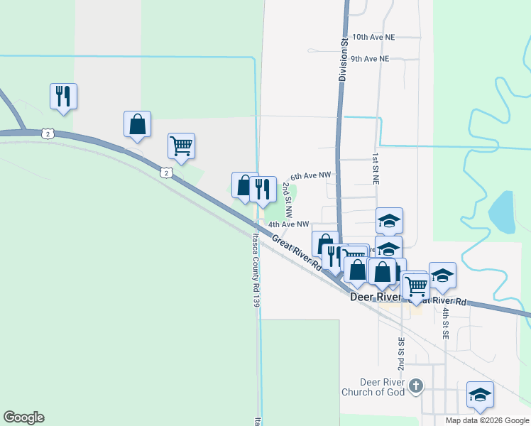map of restaurants, bars, coffee shops, grocery stores, and more near 203 4th Avenue Northwest in Deer River