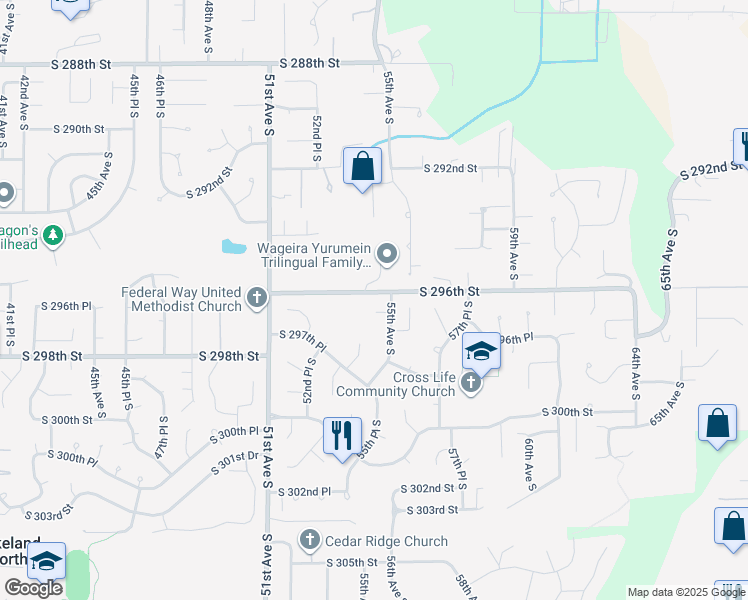 map of restaurants, bars, coffee shops, grocery stores, and more near 29568 54th Court South in Auburn