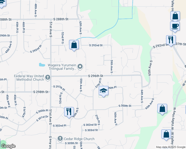 map of restaurants, bars, coffee shops, grocery stores, and more near 5653 South 295th Place in Auburn