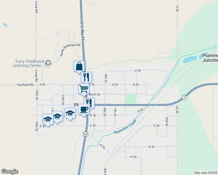 map of restaurants, bars, coffee shops, grocery stores, and more near 767 A Street in Plummer
