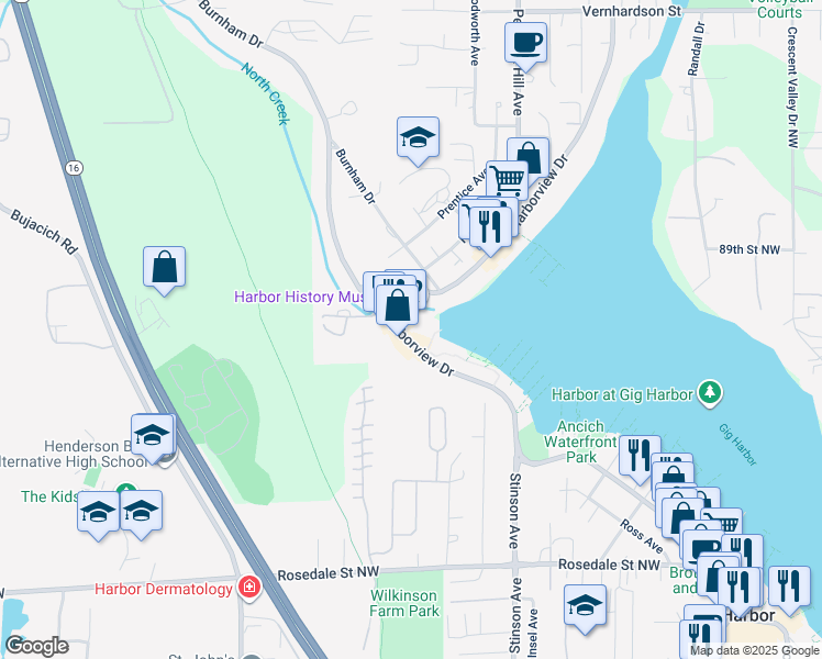 map of restaurants, bars, coffee shops, grocery stores, and more near 4101 Harborview Drive in Gig Harbor