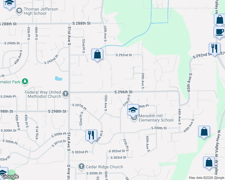 map of restaurants, bars, coffee shops, grocery stores, and more near 29516 55th Avenue South in Auburn