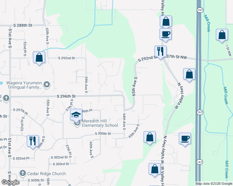 map of restaurants, bars, coffee shops, grocery stores, and more near 29577 63rd Court South in Auburn