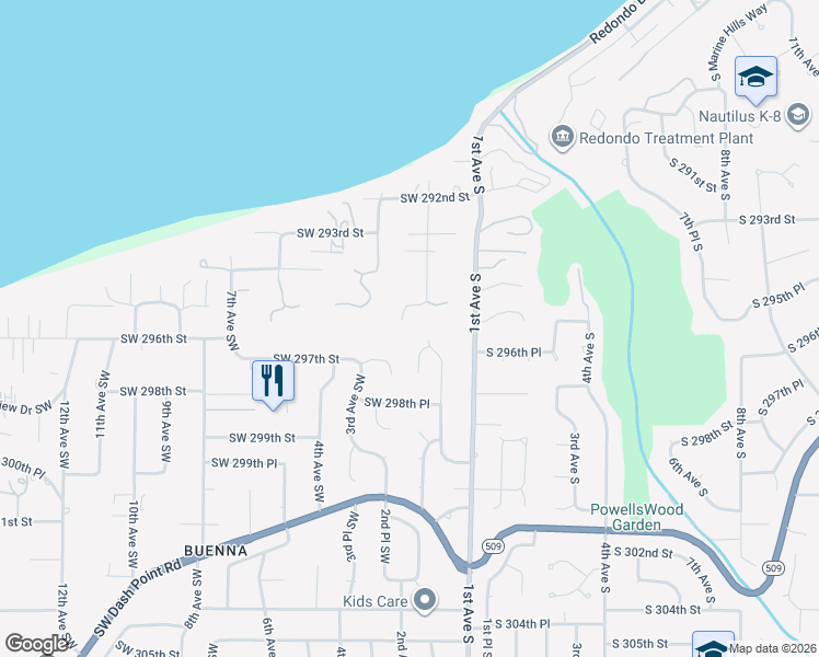map of restaurants, bars, coffee shops, grocery stores, and more near 29530 2nd Place Southwest in Federal Way