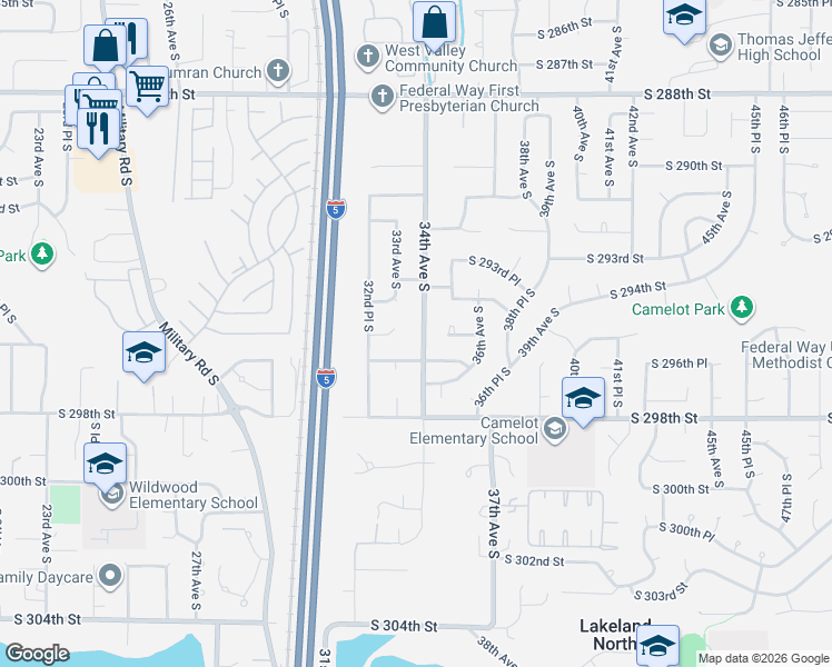 map of restaurants, bars, coffee shops, grocery stores, and more near 29444 34th Avenue South in Auburn
